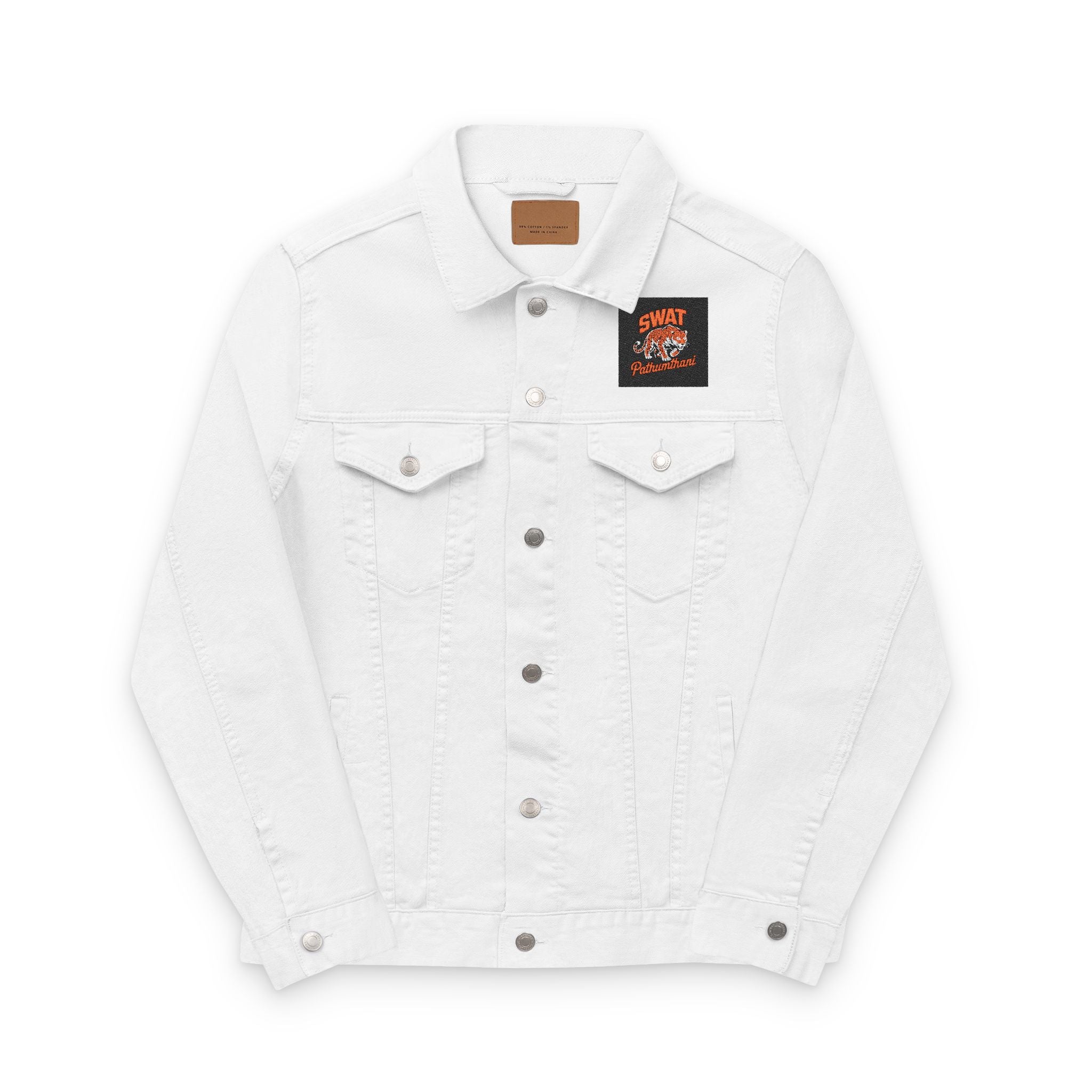 Unisex Denim Jacket with Embroidered Skater Design.