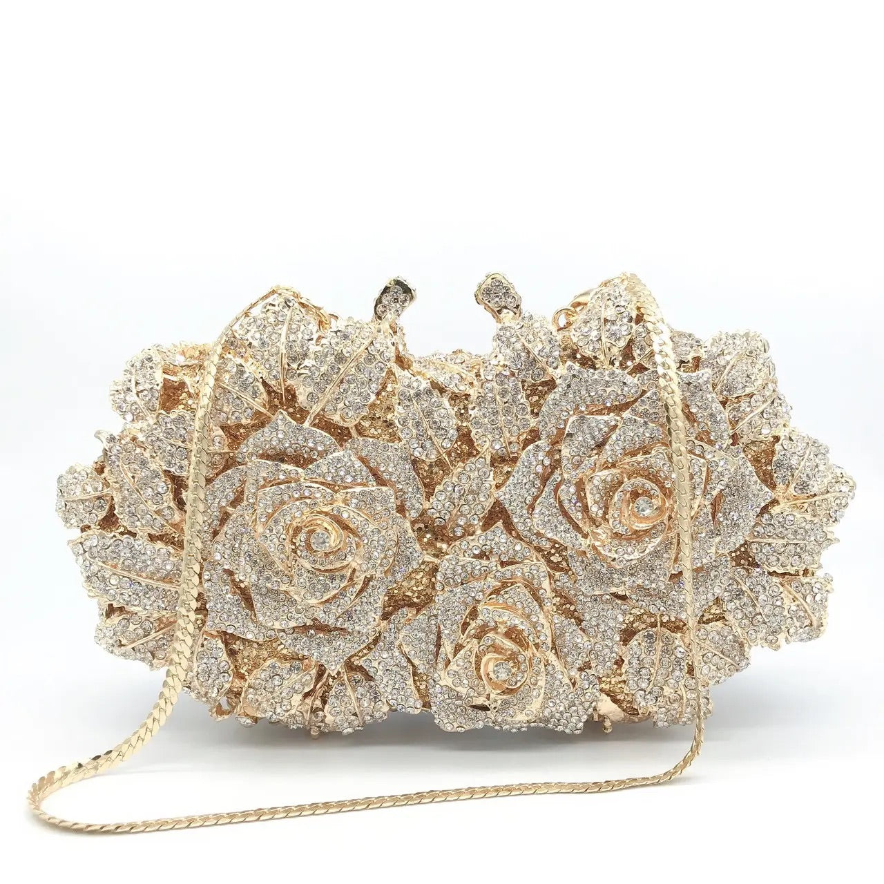 Golden Bloom – Crystal Rose Evening Clutch