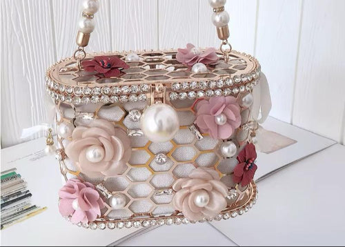 Elegant Pearl & Floral Metal Cage Clutch