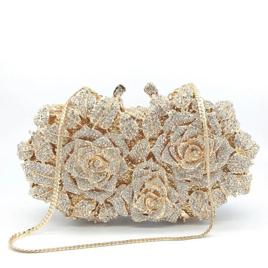 Golden Bloom – Crystal Rose Evening Clutch