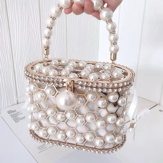 Luxe Pearl Cage Handbag – Elegant Crystal & Gold Accent