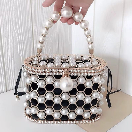 Luxe Pearl Cage Handbag – Elegant Crystal & Gold Accent