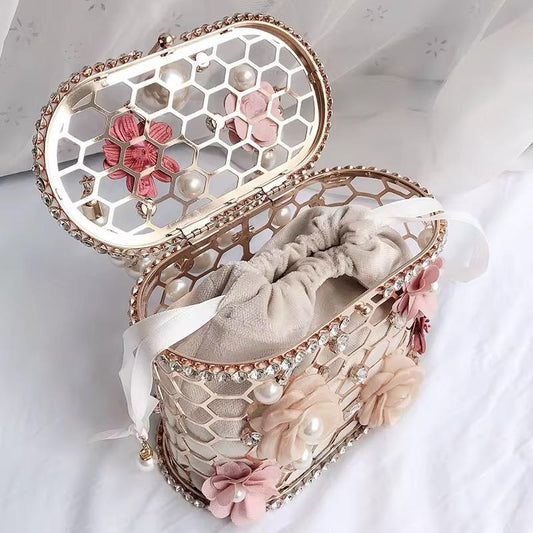 Elegant Pearl & Floral Metal Cage Clutch